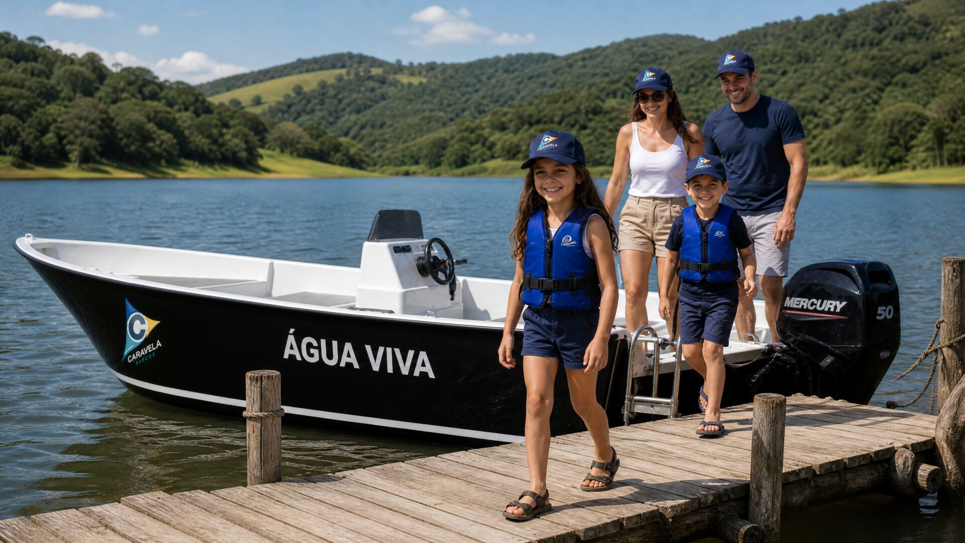 Família desembarcando do barco Água Viva na doca