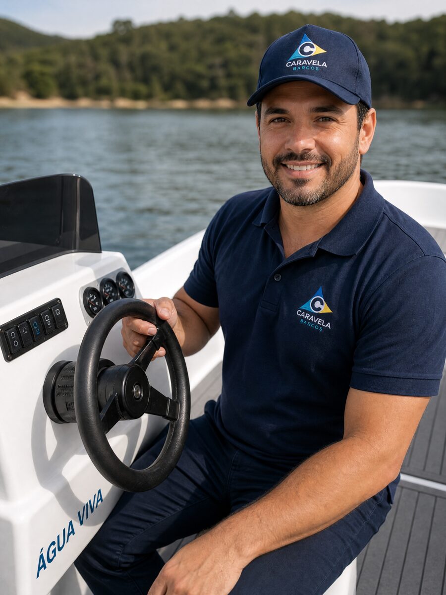 Henrique, sócio-fundador da Caravela Barcos, ao leme de uma embarcação