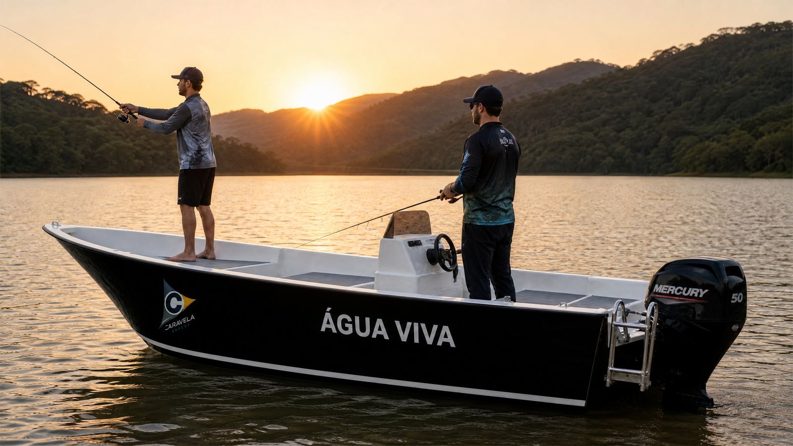 Amigos pescando ao pôr do sol na Represa de Nazaré Paulista